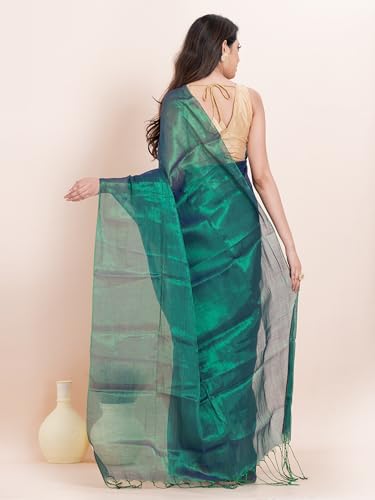Image of Women's Tissue Cotton Saree | Plain Lightweight Tassel Pallu Saree with Blouse
