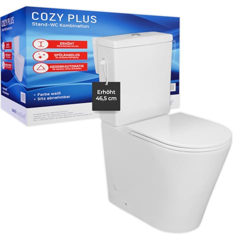 sanicomfort Erhöhte Stand-WC Kombination Cozy Plus 46,5 cm spülrandlos, inkl. WC-Sitz mit Absenkautomatik & Spülkasten, waagerechter Abgang, bodenstehend