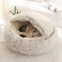 linlinfa Flauschiges Katzenbett, rund, weiches Plüsch, Höhle mit Kapuze, für den Winter, warm, Schlafkissen, rutschfest, maschinenwaschbar, für Katzen und Welpen-Grau-Kurzer Plüsch