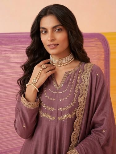 Image of Yashika Women's Silk Blend Embroidered Anarkali Kurta Set with Dupatta | Full Length Ethnic Wear for Women | Wedding