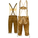 Bavarian Knee-Length Lederhosen for Men - Designed in Germany - Genuine Leather Pants with H-Style Suspenders, Color: Light Brown, US Size: 28