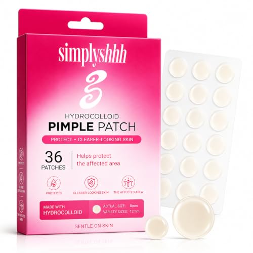 SimplyShhh Pimple Patches Hydrocolloid for Face, 36 Count (18 x 8mm & 18 x 12mm), Ultra-Thin Invisible Blemish Patches, Waterproof Acne Spot Stickers, Gentle for All Skin Types, Day & Night Wear