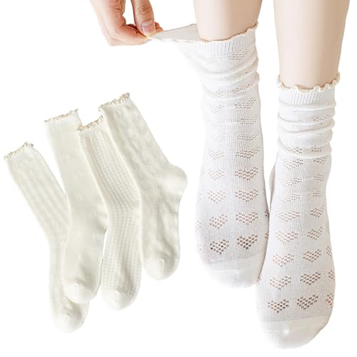 4-Pair Women's Cotton Ankle Socks with Cute Turn-Cuff Casual Love Mesh Socks For Everyday Wear