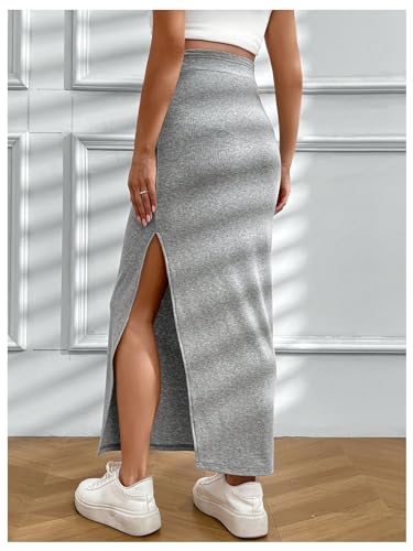 Beaudrm Women'S Maternity Skinny Skirt Ribbed Knit Long Skirt Elastic High Waist Split Maxi Pencil Skirt Grey Small thumb #1