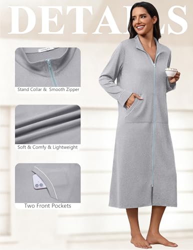 Image of Ekouaer Zipper Robes for Women Long Sleeve Lightweight House Coats with Pockets Zip Up Bathrobe Loungewear S-3XL