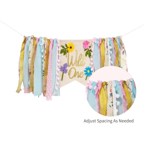 Image of Wildflower High Chair Banner - Floral inchWild One inch First Birthday Decor for Girls, Spring Theme Highchair Garland, 1st Birthday Party Decoration, Baby Shower Photo Backdrop