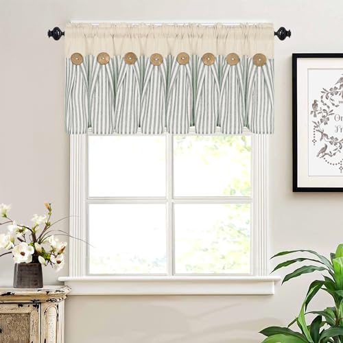 Cotton-Linen-Farmhouse-Kitchen-Valance-Curtains-Boho-Rustic-Button-Valances-NaturalSage-Green-Stripe-Color-Block-Window-Valances-Rod-Pocket-Small-Window-Curtain-for-Cafe-Bathroom-Bedroom-Drapes Cotton Linen Farmhouse Kitchen Valance Curtains Boho Rustic Button Valances NaturalSage Green Stripe Color Block Window Valances Rod Pocket Small Window Curtain for Cafe Bathroom Bedroom Drapes