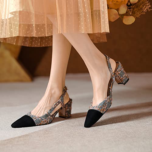 Image of MICIFA Slingback Heels for Women,Round Toe Chunky Heeled Pumps Ankle Strap Fashion Splicing Dress Shoes
