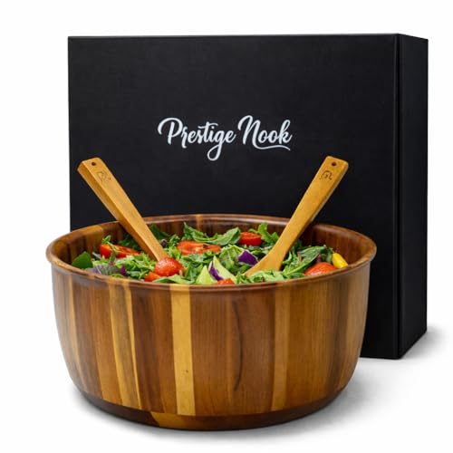 Prestige Nook Extra Large Wooden Salad Bowl - 12“ X 5” Acacia Wood Serving Bowl With 2 Servers, Large Fruit Bowl For Food With Serving Utensils, Housewarming Wedding Christmas Gift