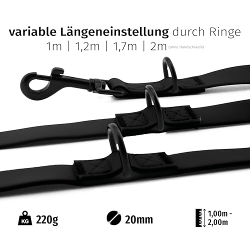 Floxik PVC Hundeleine 2m Schwarz | 3 Längen verstellbare Führleine für mittlere & große Hunde | Schmutz- & Wasserfest | Ideale Umhängeleine für das nächste Abenteuer mit deinem Liebling