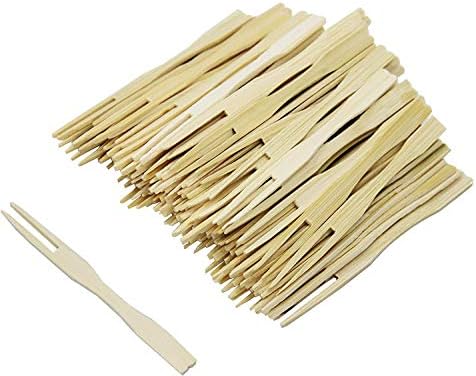 BetterJonny 300 Pack Bamboo Disposable Cutlery - Two Prong Skewers, Blunt End Toothpicks, Mini Cocktail Tasting Forks, Fruit Food Picks for Party, Banquet, Buffet, Catering, Daily Life