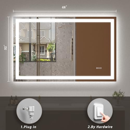 Image of 48x 32 LED Lighted Bathroom Mirror, Vanity Mirror with Lights for Wall, Dimmable, Defogger, Shatter-Proof, 3 Colors, ETL Listed (Front + Backlit)