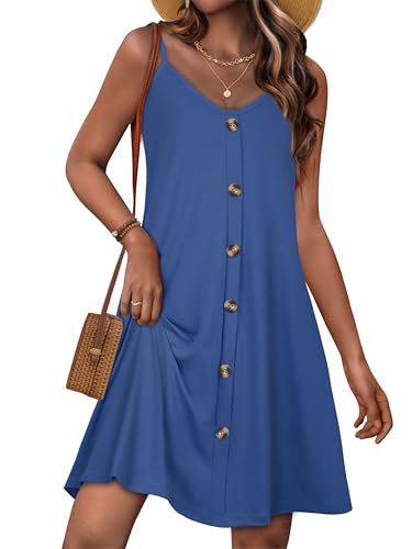 JOELLYUS Summer Dresses for Women Spaghetti Strap Button Down Casual Sundress Beach Cover Up Dress with Pockets, Light Blue, M
