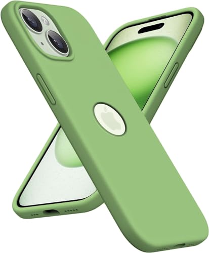Image of VONZEE Microfiber Logo Cut Cover Compatible for iPhone 15 Case Liquid Silicone Cases Full Body 4 Layer Protective Covers Shockproof Back Cover with High Raised Camera Lips (Matcha Green)