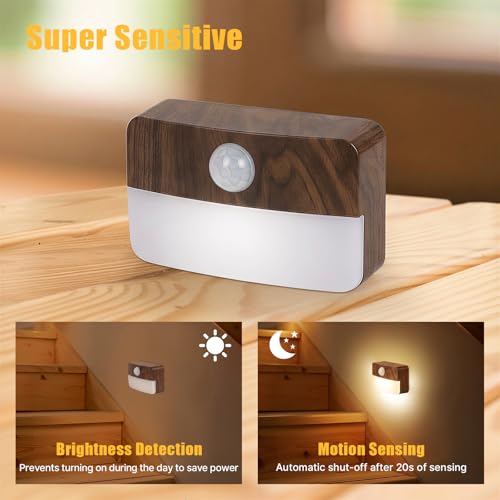 Image of Guankai 16 Pack Motion Sensor Stair Light for Indoor, Battery Operated Closet Lights, Wireless Stick on Anywhere Hallway Lamp, Portable Led Night Lamps for Bedroom Under Cabinet Kitchen, Wood Grain