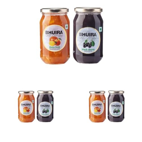 Image of Bhuira|All Natural Jam Black Cherry Preserve & Three Fruit Marmalade-240g Each|No Added preservatives|No Artifical Color Added|Pack of 6