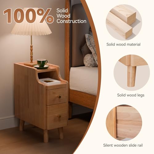 Image of Narrow Nightstand Set of 2, 19.7 inch H Pre-Assembled Solid Wood Small Skinny Night Stand with Drawers, Open Sliding Shelf, Mid Century Modern Slim Bedside Table for Bedroom, Natural Oak,8 inch