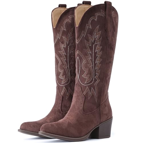 Image of IUV Suede Cowboy Boots For Women Chunky Heel Pointed Toe Cowgirl Boots
