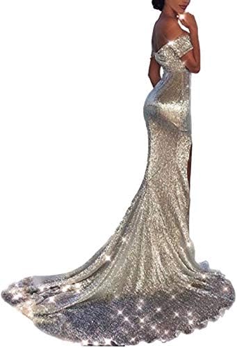Ohvera Women's Off Shoulder Sequined Long Sleeve Party Cocktail Evening Prom Gown Mermaid Maxi Long Dress
