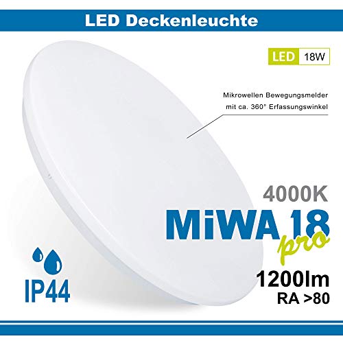 LED Feuchtraum Deckenleuchte mit Bewegungsmelder Deckenlampe "MiWaPro" Sensor Bad Feuchtraum Balkon ( IP44 18W mit Mikrowellensensor) Cover
