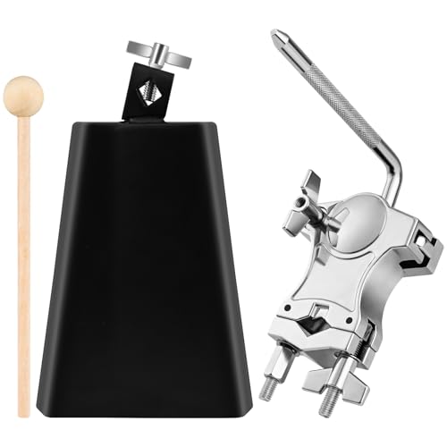 7 Inch Cowbell with L-Rod Clamp Set, Cowbell for Drum Set, Adjustable Mount Bracket, Black Steel Cow Bell for Drum Sets, Percussion Instrument, Sports, Bands, Includes Stick