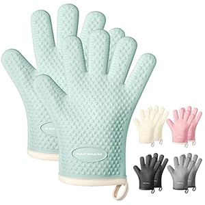 MAD SHARK Silicone Oven Mitts Heat Resistant 450 Degrees,Waterproof & Non-Slip Oven Gloves with Fingers,Cotton Lined Silicone Oven Gloves Kitchen Mitts for Baking Cooking Barbecue,Women (Green)