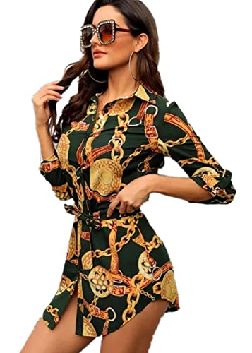 Autumn Winter Fomen's Dress Flim Print Skia curta Grubify (Color : Green, Size : XL)