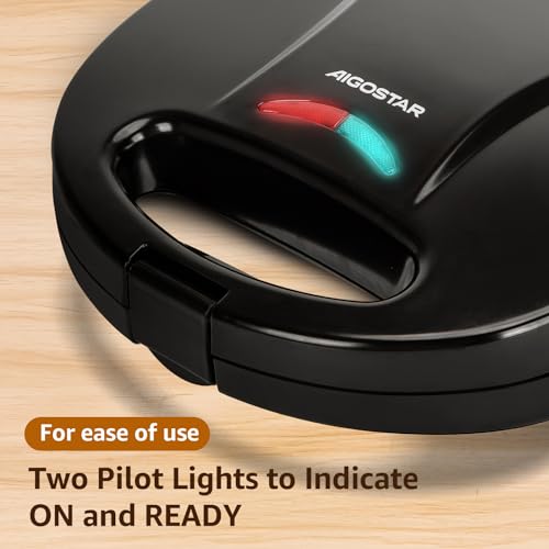 Aigostar Deep Fill Toastie Maker, Sandwich Toaster with Non-Stick Flat Plates, Small Panini Press, Healthy Grill, Indicator Lights, Locking Latch, Black - Roy