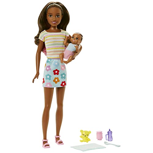 Barbie Dolls and Accessories, Brunette Skipper Doll with Baby Figure and 5 Accessories, Babysitters Inc. Playset