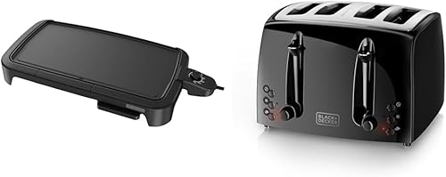 BLACK+DECKER Plancha eléctrica de tamaño familiar con bandeja de calentamiento y bandeja de goteo, GD2051B y tostadora de 4 rebanadas, extra ancha,