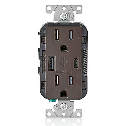 Image of Leviton T5633-B Type A & Type-C USB in-Wall Charger with 15A Tamper-Resistant Outlet, USB Charger for Smartphones and Tablets. Not for Laptops, Brown