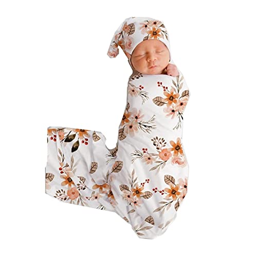 Image of Newborn Swaddle Blanket Headband Hat Set Baby Girl Print Receiving Blanket New Born Hospital Outfit Infant Shower Gift 0-3 Months