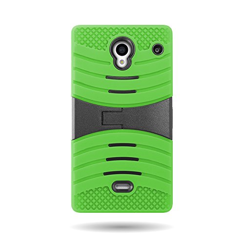 Coveron® Sharp Aquos Crystal Premium Durable Rugged Shell Hybrid Protective Phone Case Cover With Built In Kickstand - Black Neon Green #TOP4