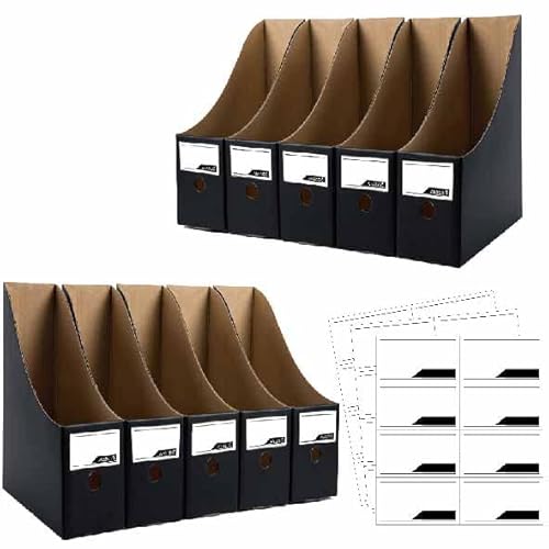 Lot de 12 porte-revues en carton de qualité supérieure - Noir - Pour magazines - Grand volume - Pour livres ou dossiers - Noir