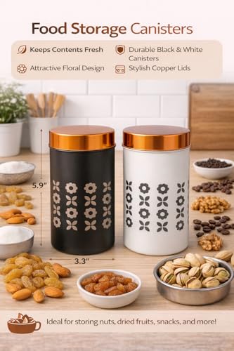 Image of DARAZ Kitchen Storage Canisters, Black and White Floral Pattern, Steel Perfect for storing tea, coffee, sugar, nuts, dried fruits, 750ml, Set of 2