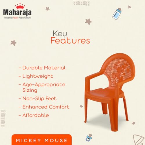 Image of MAHARAJA Mickey Mouse Plastic Chair for Kids | Strong Durable & Portable Study Chairs | Virgin Material Kids Chairs for 2 to 8 Years | Stackable School Chair (Orange, Pack of 6)