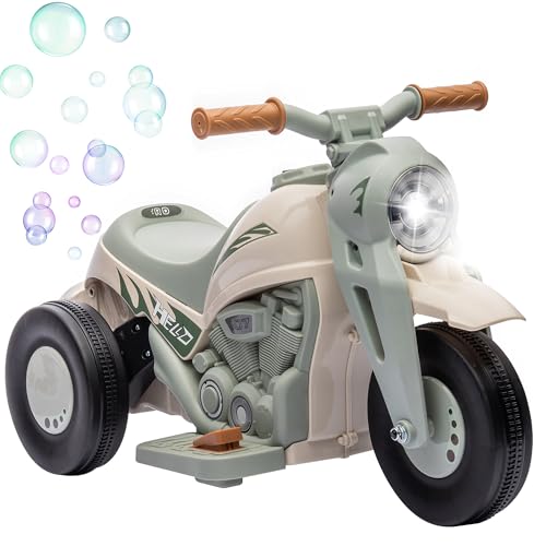 AIYAPLAY moto eléctrica infantil, moto infantil 6V con música, burbujas, vehículo infantil con faro, 2,5-3 km/h, para niños de 2-5 años, máx. 30 kg, blanco crema