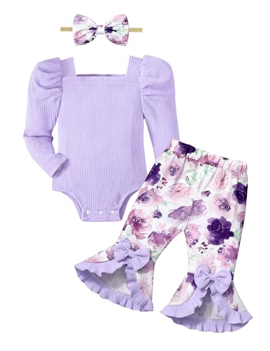 Image of Von kilizo Baby Girl Clothes Floral Baby Clothes for Girls Puff Long Sleeves Ribbed Romper Flare Pant Sets Baby Girl Outfits