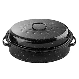 16Inch Roasting Pan, Enamel on Steel, Black Covered Oval Roaster Pan with Lid, Medium Cookware for Turkey, Small Chicken, Roast Baking Pan.