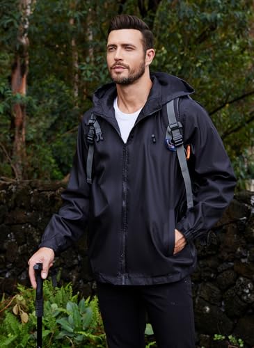 Jaqueta de chuva masculina leve à prova d'água com capuz removível, Preto, G