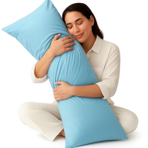 Image of 100% Cotton 600 TC Body Pillow Cover - Ultra Soft & Breathable Long Pillowcase | Zipper Closure | 20 inchx54 inch | Light Blue | Ideal for Pregnancy, Side Sleepers & Full Body Support