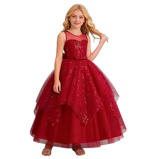 Generisch Rotes Kleid Mädchen Tüll Midikleid Glänzendes Tüllkleid V-Ausschnitt Maxikleid Ärmelloses Festkleid Hübsches Lange Abendkleid Fasching Geburtstag Festliches Kleid