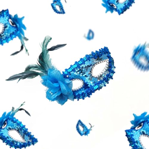Image of Wanna Party Women's Blue Sequin Eye Mask with Flower for Masquerade Party,Fancy Dress Costume, New Year Party
