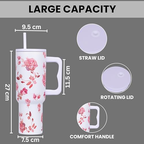 Image of Tumbler with lid and Straw 1200ML Cup Stainless Steel Vacuum Insulated Tumbler for Water, Iced Tea or Coffee 1.2L Office Gym Travelling (White Rose)