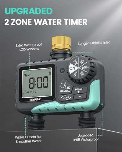 RAINPOINT Sprinkler Timer 2 Outlet, Water Timer for Garden Hose, Drip Irrigation Timer for Yard Outdoor Watering, Rain Delay/Manual/Automatic System Controller Brass Inlet, V2