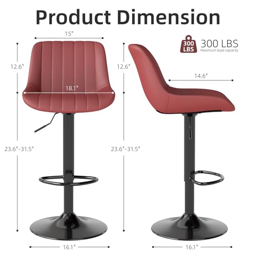 Image of Youhauchair Adjustable Faux Leather Bar Stools Set of 2, Red | Swivel, Counter Height, Back & Footrest, Armless, PU, Modern, Kitchen Island Stool, Upholstered Dining Room Chair