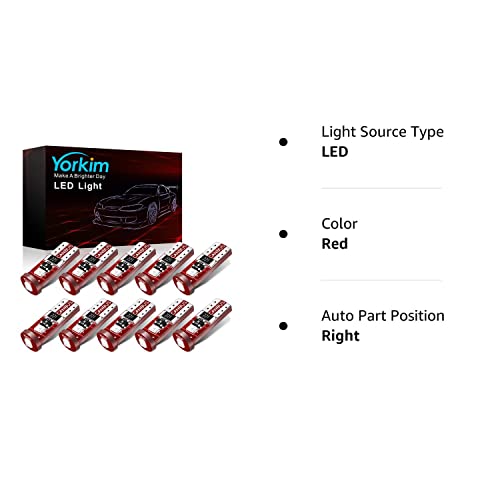 Yorkim 194 Led Bulb Red Canbus Error Free 3-Smd 2835 Chipsets, T10 Red Interior Led For Car Dome Map Door Courtesy License Plate Trunk Lights With 194 168 W5W 2825 Socket, Pack Of 10 #TOP6
