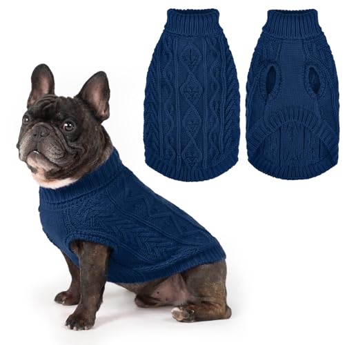 Image of PUPTECK Dog Sweater, Turtleneck Warm Knitted Pullover Coat, Thick Cable Knitwear Clothes in Winter, Pet Apparel Outfits for Small Medium Dogs, for Cold Weather Indoor & Outdoor, Deep Blue M