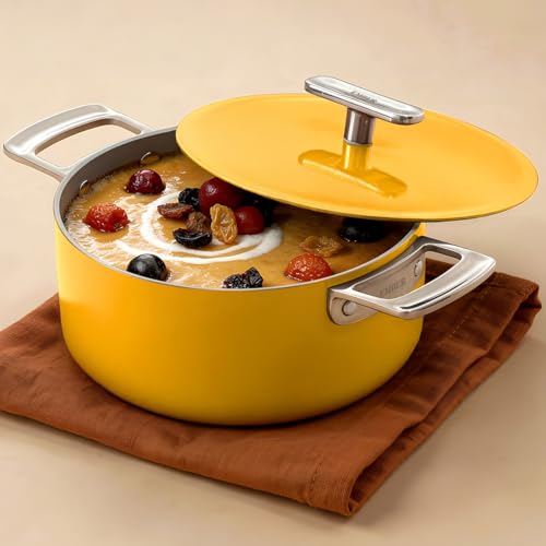 Image of Ember Cookware Arcilla Ceramic Dutch Oven 20 cm, 2.6L with Metallic Lid | 75% Less Oil Usage | Non Stick Induction Cookware | ISI Certified | Biryani Pot | Steel Handle | 5-Year Warranty |Benares Gold
