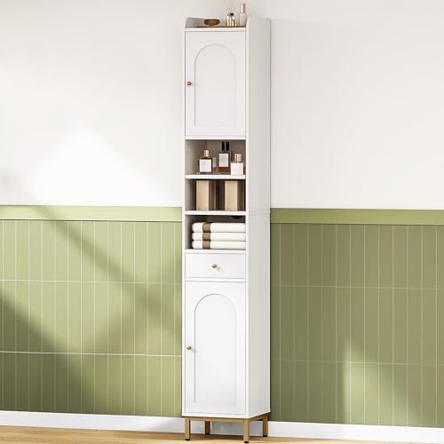 Armario para Baño Alto, Armario Estrecho para Papel Higiénico con 2 Puertas y Cajón, Organizador de Baño con Estante Ajustable para Dormitorio, Salón, Estudio, Blanco BC29013G